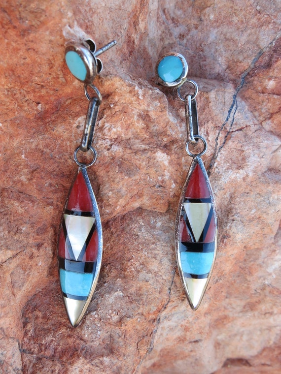 ZUNI INLAY DANGLE Earrings, Turquoise, Coral & On… - image 2