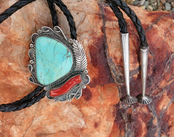 HUGE TURQUOISE BOLO,  Navajo, Coral Stem Cabochon… - image 3