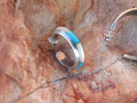 Zuni Inlay Turquoise & Mother of Pearl Hoop Earri… - image 4