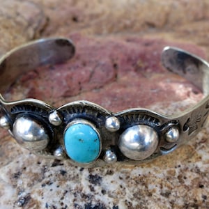 Harvey Era Bracelet, Silver Domes & Turquoise Cabochon, Hand Stamped, Sterling