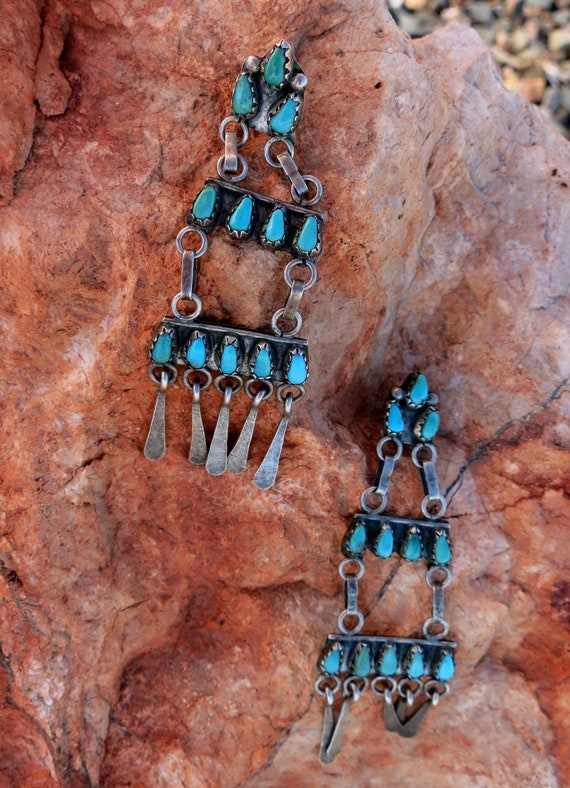RARE OLD ZUNI Turquoise Chandelier, earrings, Ster