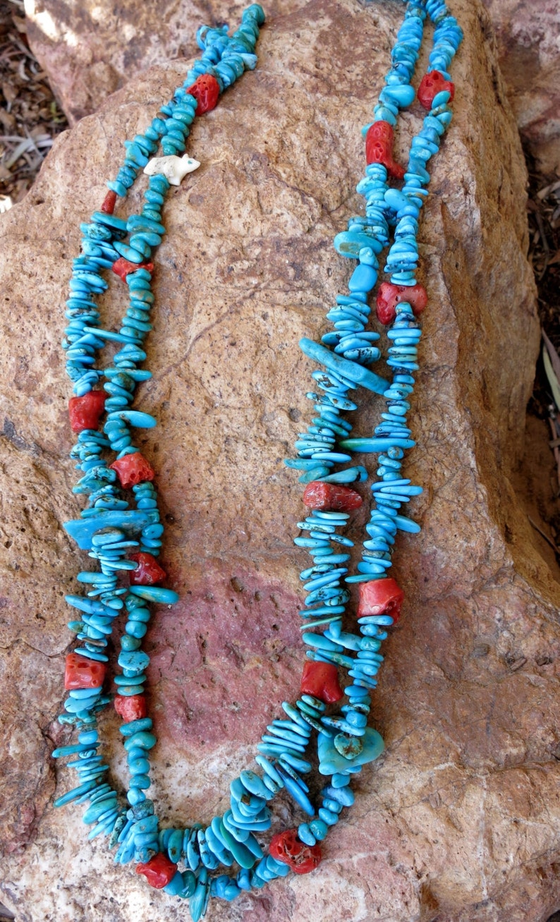 OLD PUEBLO TURQUOISE & Coral Necklace, Santa Domingo, 2 Strands image 5