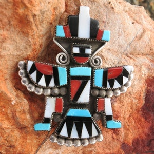 Vintage ZUNI KNIFEWING Pendant, Turquoise Inlay, Signed & Sterling