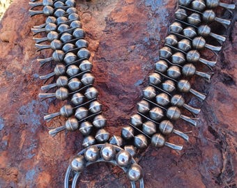 MAGNIFICENT SQUASH BLOSSOM Necklace, 29" Navajo Pearls, 26 Blossoms, Sterling