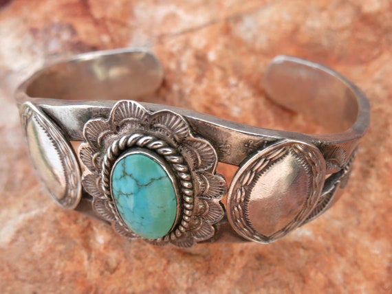 1930's Navajo Webbed Turquoise Bracelet, Sterling… - image 3