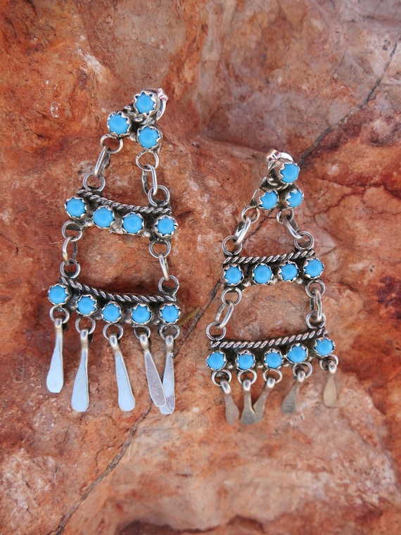 Cute Vintage Zuni Chandelier Needle Turquoise Native American Jewelry Silver Earrings Cute Vintage Zuni Chandelier Needle Turquoise Native American Jewelry Silver Earrings