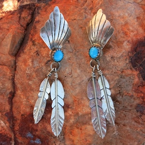 Vintage Navajo Dangles, Turquoise & Feathers, Sterling