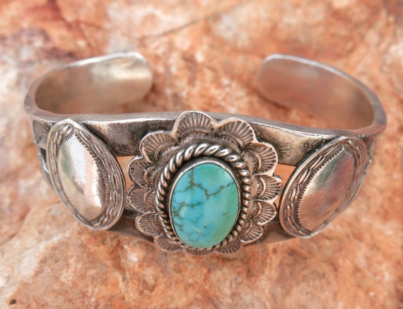 1930's Navajo Webbed Turquoise Bracelet, Sterling… - image 2