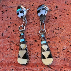 ZUNI INLAY SUNFACE Dangle Earrings, Turquoise, Onyx M O P, Signed, Sterling