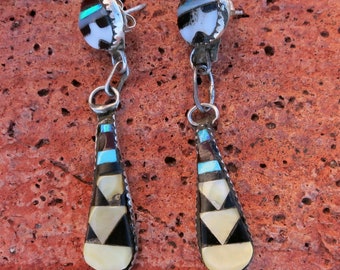 ZUNI INLAY SUNFACE Dangle Earrings, Turquoise, Onyx M O P, Signed, Sterling