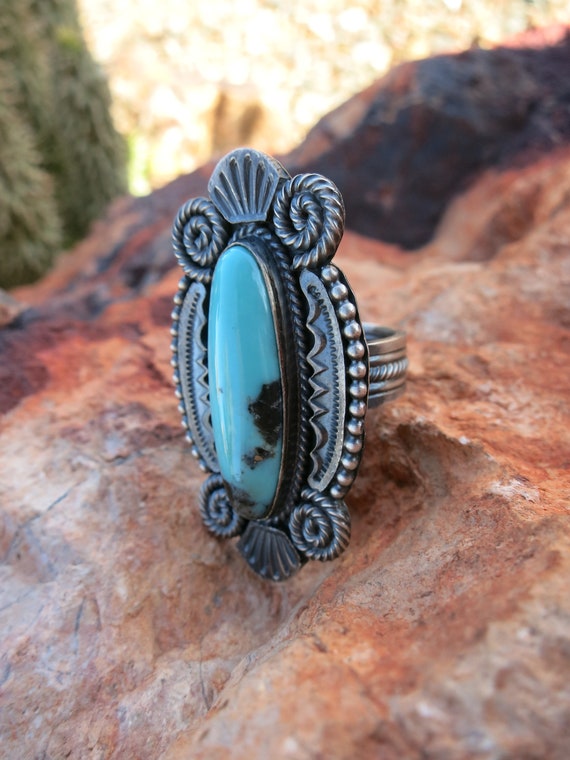 NAVAJO TURQUOISE RING, Sz 7, Signed and Sterling - image 2