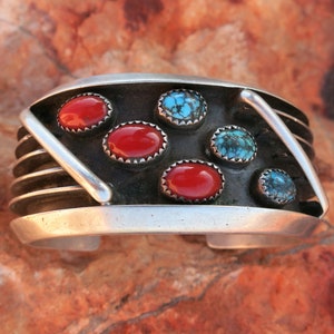 SIGNED NAVAJO BRACELET, Turquoise & Coral, 128 Grams, Sterling