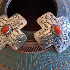 NAVAJO CROSS EARRINGS, Red Coral, Sterling Silver
