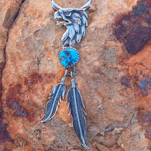 NAVAJO EAGLE&#39;S HEAD & Turquoise Necklace, Sterling Silver
