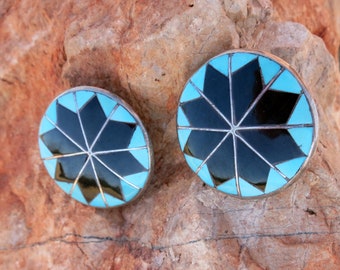 ZUNI TURQUOISE & ONYX Inlay Earrings, Signed, Sterling Silver