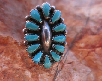 ZUNI TURQUOISE RING by M F Chavez, Petit Point & Silver Dome, Sterling