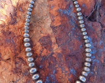 VINTAGE NAVAJO PEARLS, 24" Long, Handmade Bench Beads, Sterling Silver