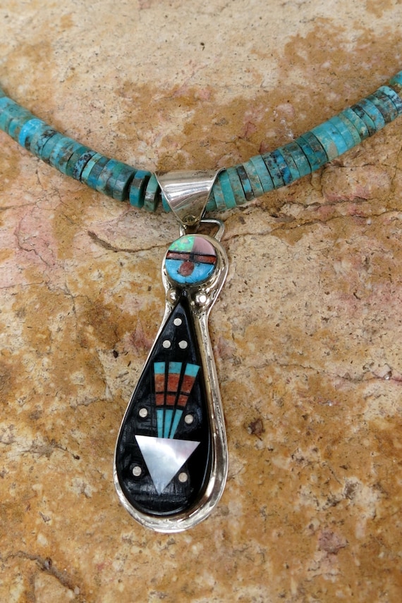 VINTAGE ZUNI PENDANT, Inlay Arrow, Signed & Stampe