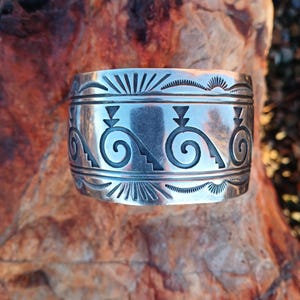 WIDE NAVAJO BRACELET, Overlay, Signed, Sterling