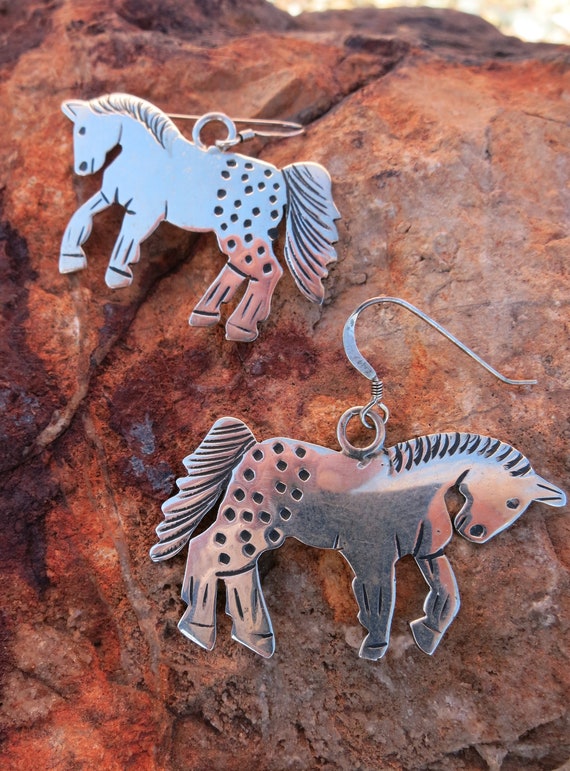 NAVAJO APPALOOSA HORSE Dangles, Signed " J", Sterl