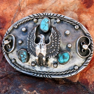 Heavy Eagle 79 Grams Vintage Native American Navajo Turquoise Sterling Silver Buckle Heavy Eagle 79 Grams Vintage Native American Navajo Turquoise Sterling Silver Buckle