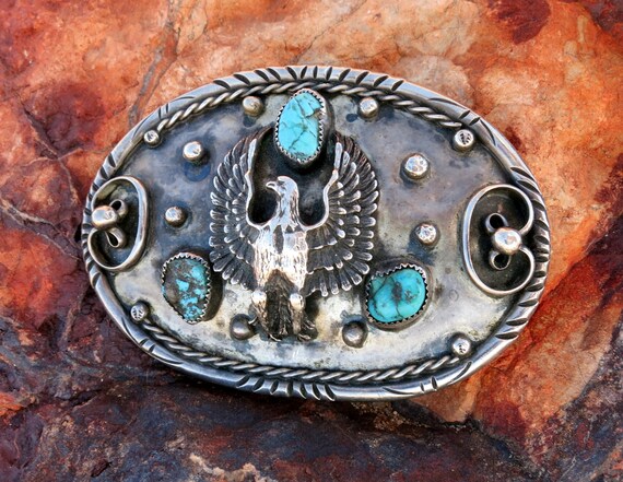 Heavy Eagle 79 Grams Vintage Native American Navajo Turquoise Sterling Silver Buckle Heavy Eagle 79 Grams Vintage Native American Navajo Turquoise Sterling Silver Buckle
