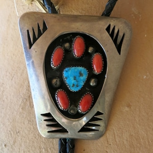 BIG  OLD NAVAJO Bolo, Coral & Turquoise, Handmade, 55 Grams, Sterling, Ca 1950&#39;s