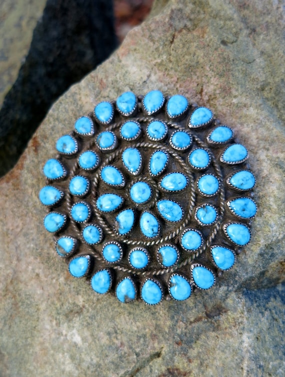 EXQUISITE ZUNI CLUSTER Brooch, Morenci Turquoise, 