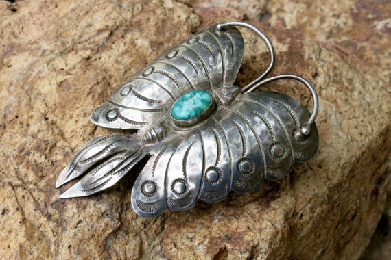 Huge Navajo Butterfly Brooch, Turquoise Cabochon,