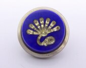 Antique Victorian French Mirror Glass Blue Silver Flat Top Gilt Metal Waistcoat Button - Verre de Eglomise