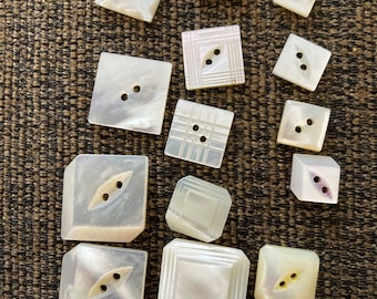 Vintage Shell Mother of Pearl Buttons -  Geometric Square Shell Buttons x 14