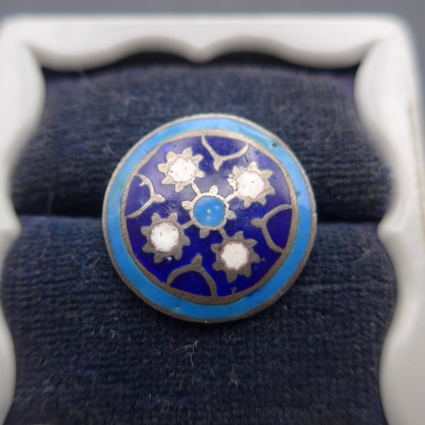 Vintage Multan Blue Champleve Flower Enamel Button - Ornate Blue Silver Enamel Button