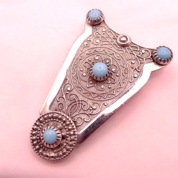 Vintage Signed French Dress Clip - Silver Metal Blue Glass Dress Clip Pin