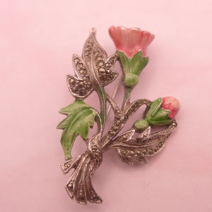 Vintage Signed Enamel Marcasrite Flower Brooch Pin
