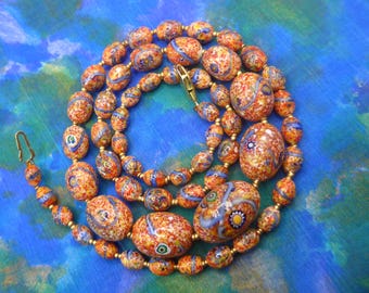 Vintage Orange Blue Millefiori Spatter Swirl Glass Bead Necklace