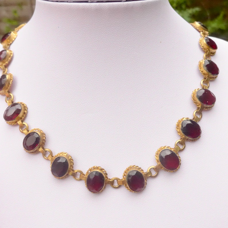 Edwardian Garnet Red Faceted Glass Gilt Metal Necklace Vintage Red Bezel Set Glass Necklace
