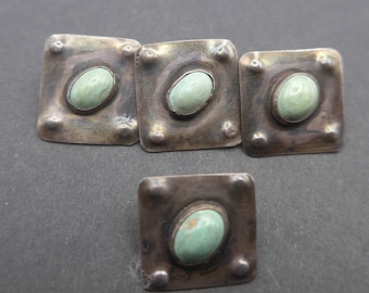 Vintage Arts Crafts turquoise metalen knop - vierkante grijze metalen knoppen x 4