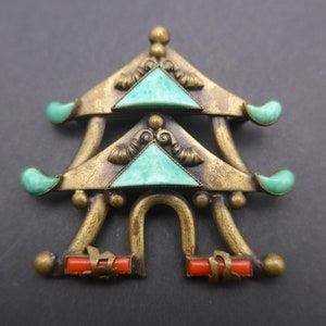 Vintage Art Deco Czech Oriental Pagoda Brooch - Green Red glass Brass Metal Brooch Pin