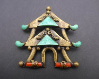 Vintage Art Deco Czech Oriental Pagoda Brooch - Green Red glass Brass Metal Brooch Pin