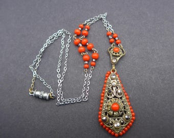 Vintage Czech Red Glass Marcasite Filigree Metal Necklace Pendant