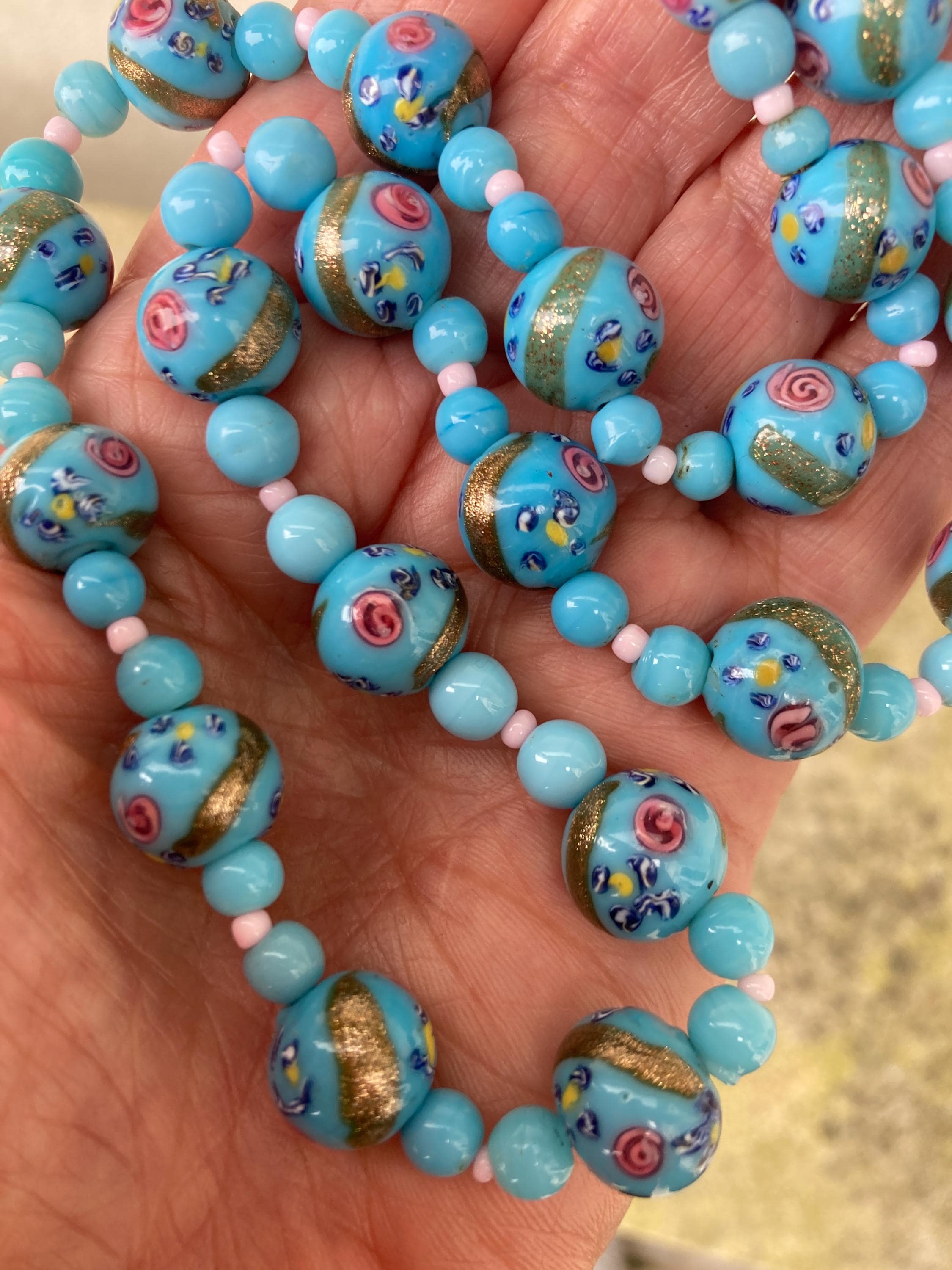 Vintage Venetian Fancy Glass Bead Necklace - Blue Gold Pink Flower