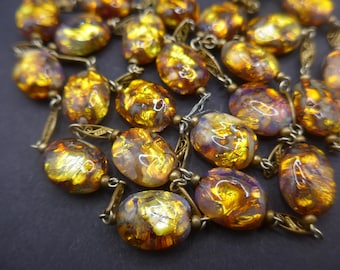 Vintage Venetian Opalescent Foil Glass Bead Necklace - Edwardian Gold Purple Foil Glass Beads Chain Linked