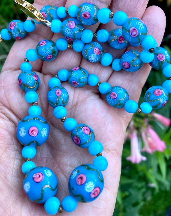 Vintage Venetian Fancy Blue Glass Bead Necklace - Murano Latticino
