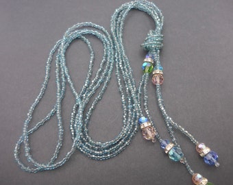 collier sautoir de perles de verre bleu vintage - Collier de gouttes de verre pastel Aurora Borealis