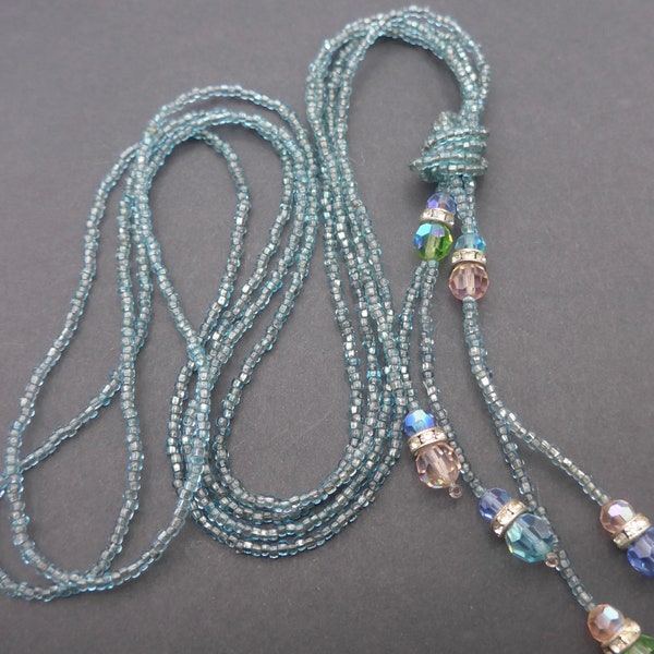 Vintage Blue Glass Bead Sautoir Necklace - Aurora Borealis Pastel Glass Drop Necklace