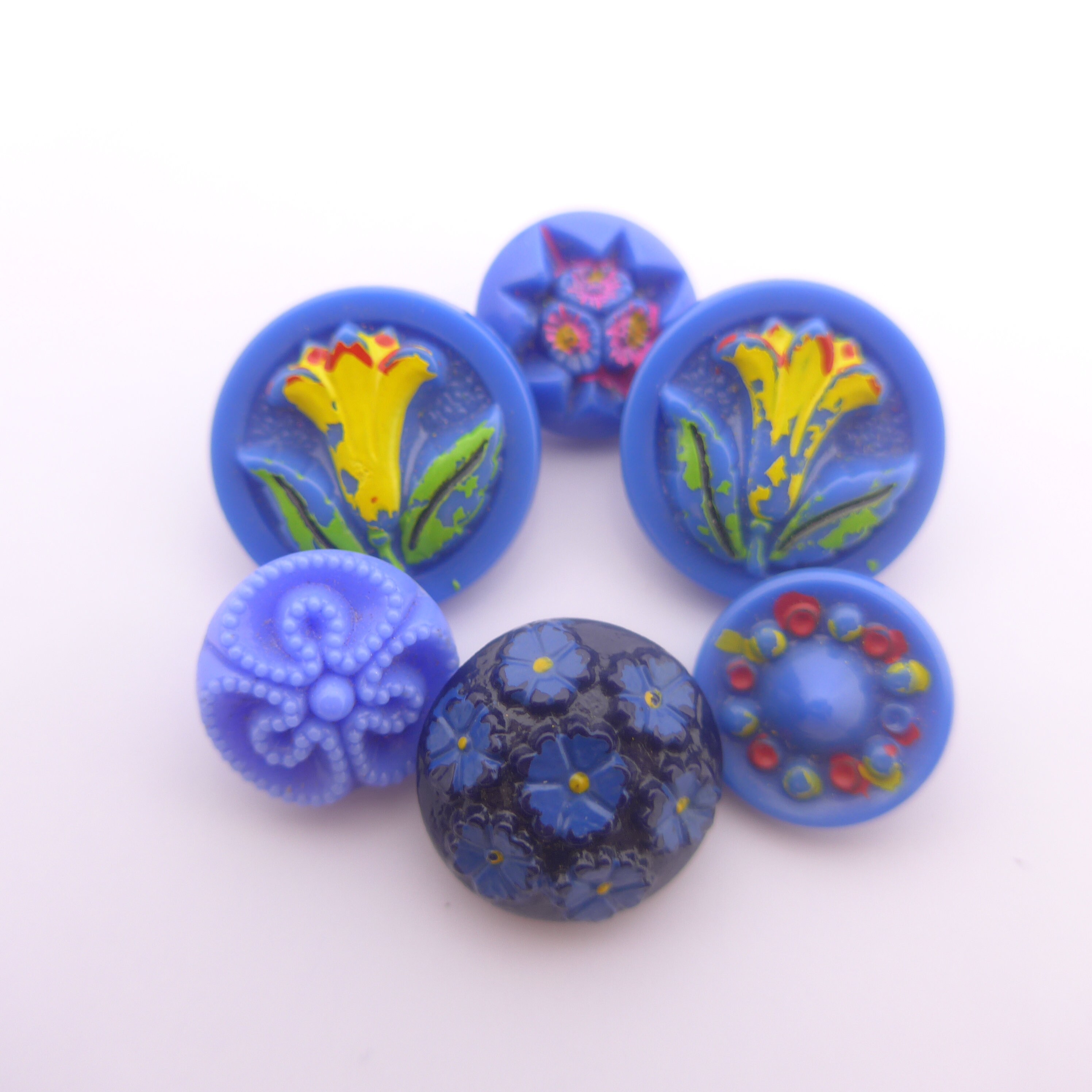 Vintage Czech Glass 23 mm Abstract Rose and Blue Floral Button with Gold accents 