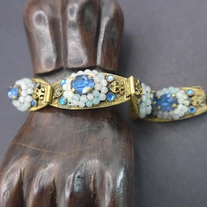 Vintage Art Deco Czech Blue Glass Filigree Metal Bracelet - Panel Link Bracelet