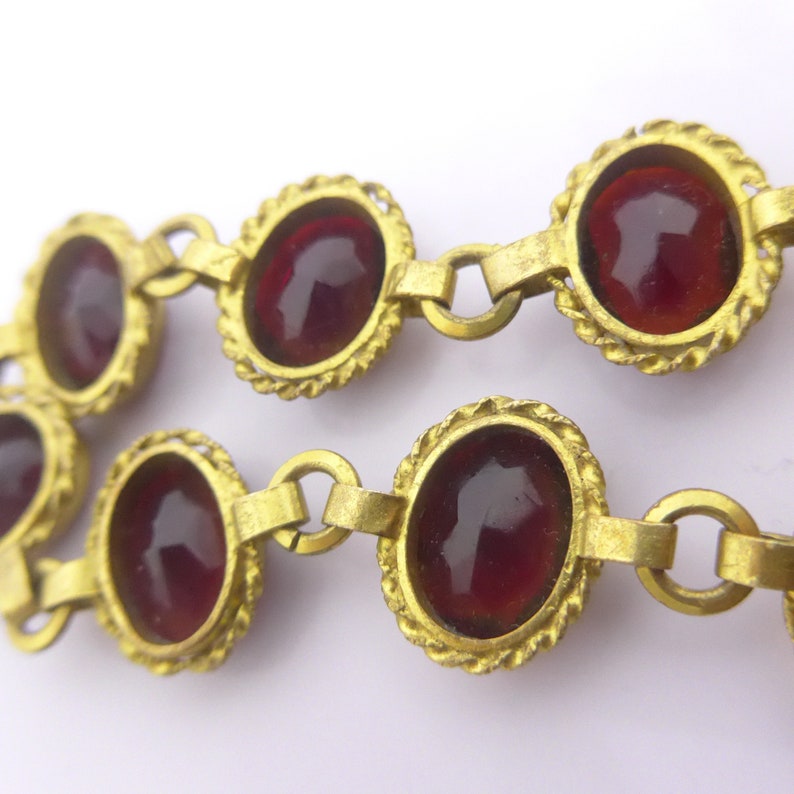 Edwardian Garnet Red Faceted Glass Gilt Metal Necklace Vintage Red Bezel Set Glass Necklace