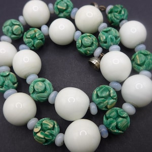 Vintage Rousselet Carved Galalith Bead Necklace - Signed French Jewelry
