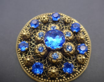Vintage Czech Blue Glass Flower Brooch Pin - Filigree Lattice Work Brooch